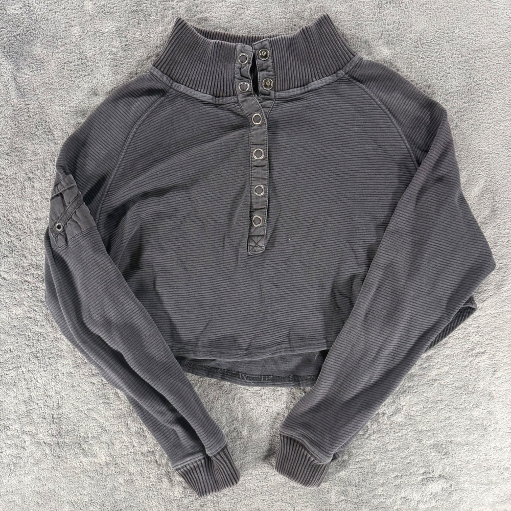 FP Movement So Fly Cotton Henley Pullover XS Cropped Ribbed Mock Washed Black